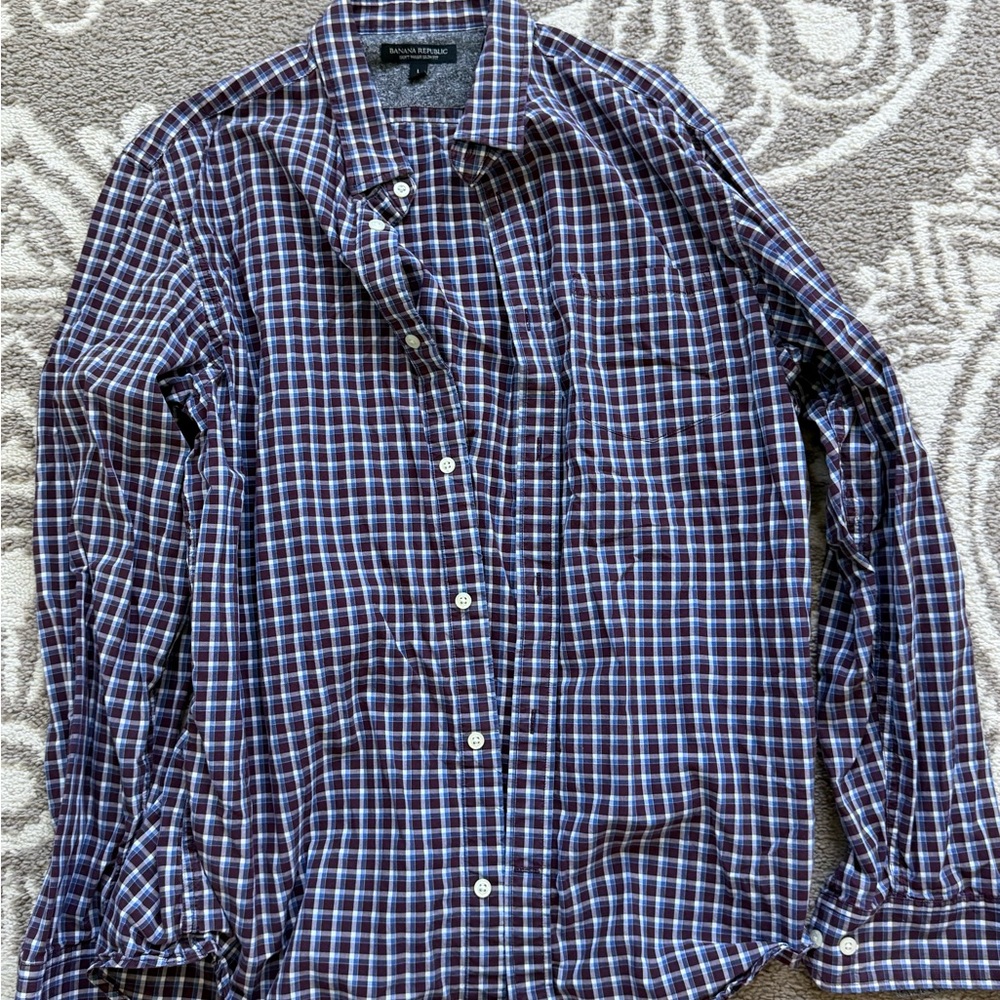Banana Republic Men's Navy and Purple Plaid Button-Down Shirt